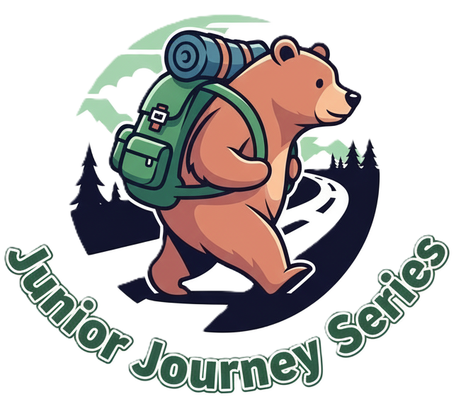 Drawing of a bear with a backpack on, walking down a road. THe words "Junior Journey Series" are written beneath the drawing