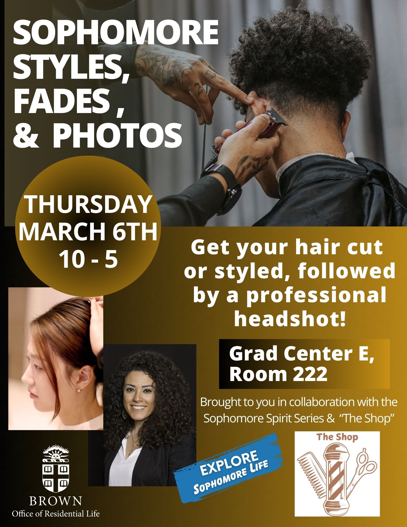 Poster showing people getting their hair cut or sttyled, with information about the event