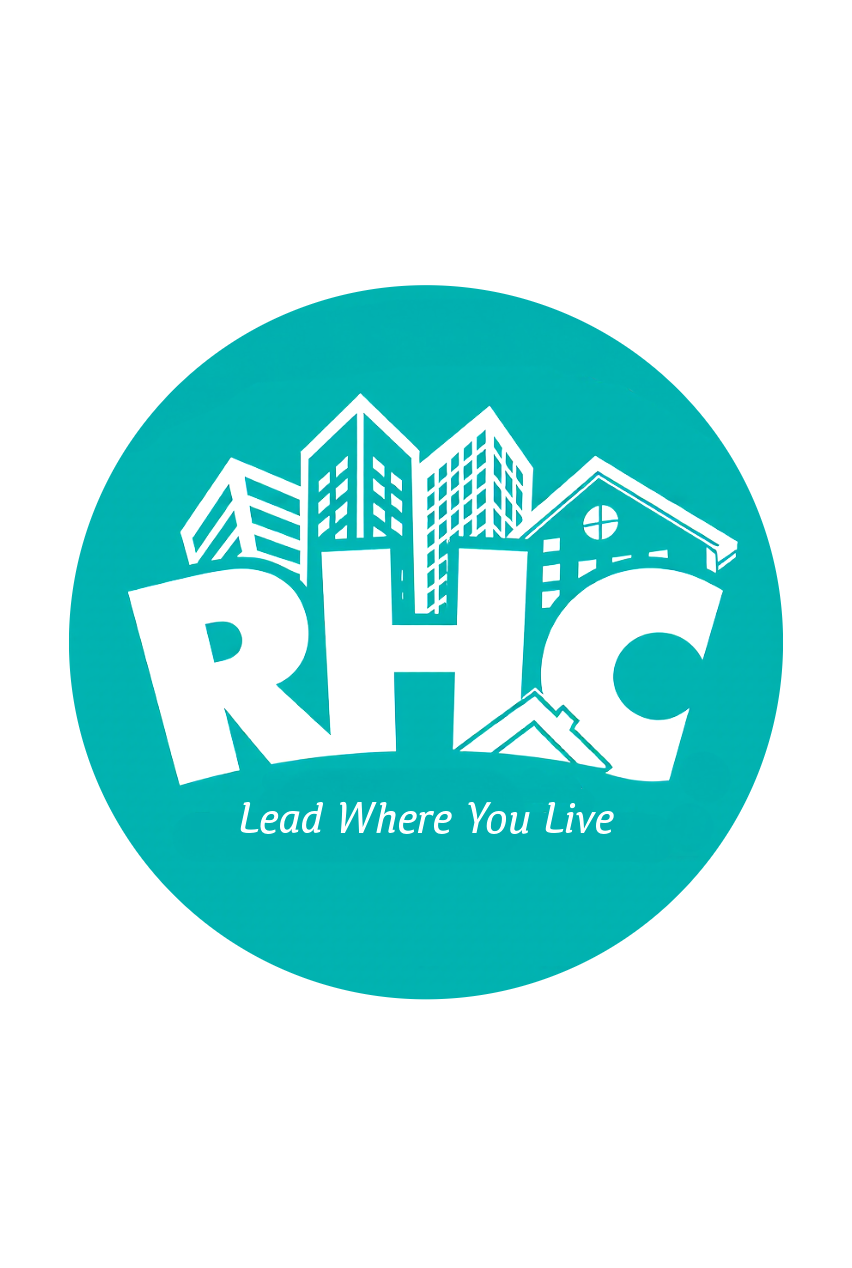 Blue logo with white RHC  letters and an outline of buildings with the words "Lead where you live" underneath