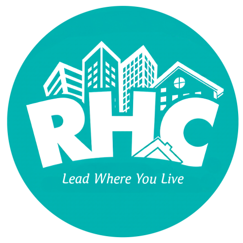 Aqua and white logo with building skyline and RHC beneath